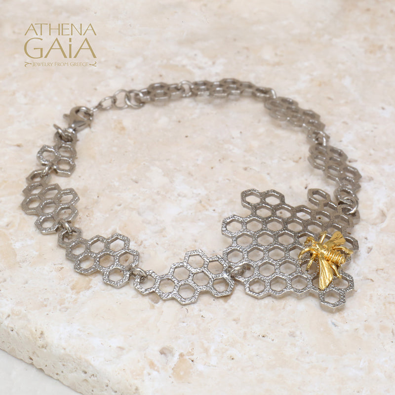 Basilissa Organic Honeycomb Bee Bracelet - Gold Plated Sterling Silver Bracelet