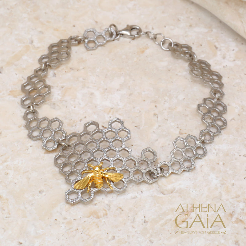 Basilissa Organic Honeycomb Bee Bracelet - Gold Plated Sterling Silver Bracelet