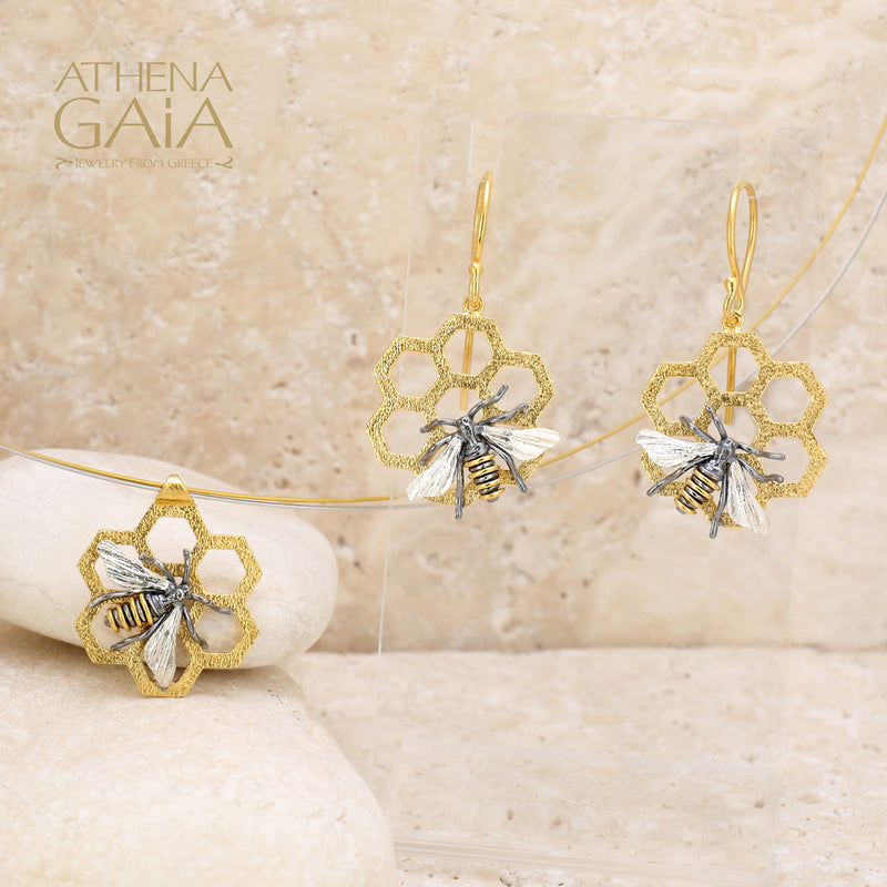 Faithful Honeybee on Honeycomb Necklace - Gold Plated Sterling Silver Necklace