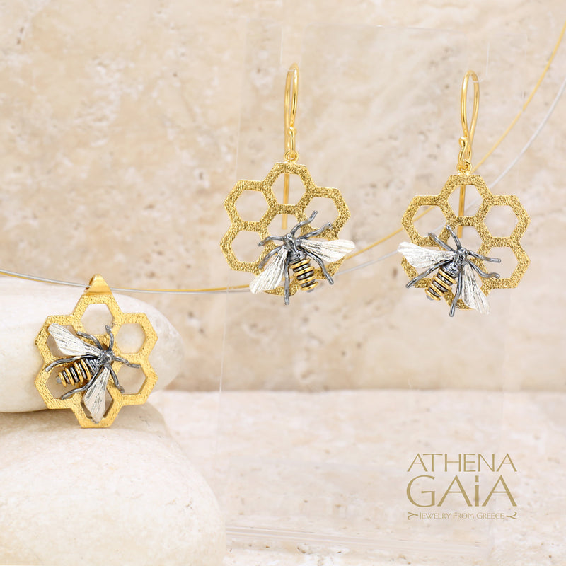 Faithful Honey Bee on Honeycomb Hook Earrings - Gold Plating and Sterling Silver Earrings