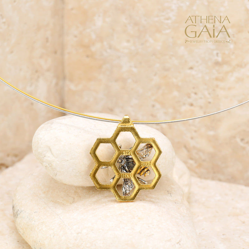 Faithful Honeybee on Honeycomb Necklace - Gold Plated Sterling Silver Necklace
