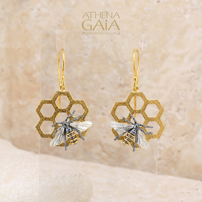 Faithful Honey Bee on Honeycomb Hook Earrings - Gold Plating and Sterling Silver Earrings