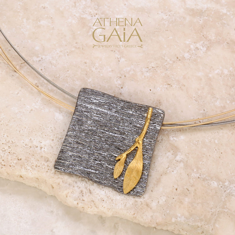 Dual Leaf Square Necklace - 14k Gold & Sterling Silver Necklace