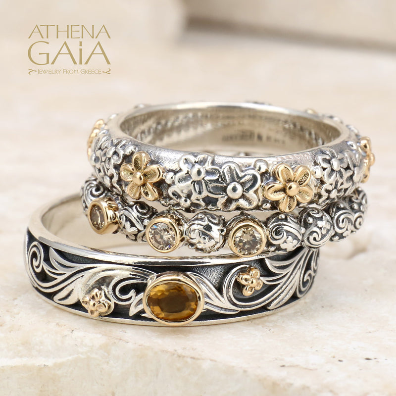 Floral Band Ring - 18k Gold & Sterling Silver Ring - Stackable Ring