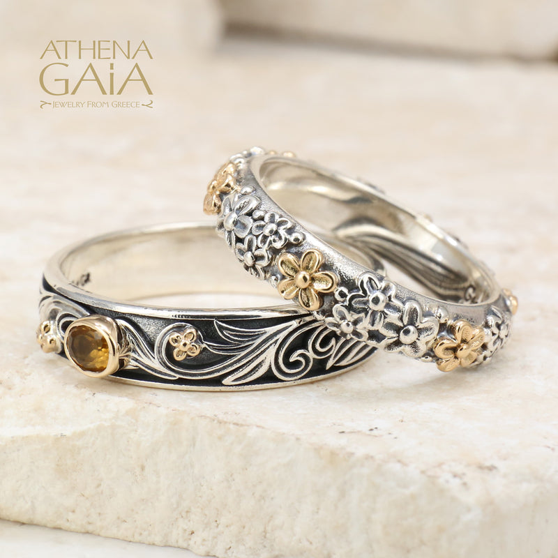 Floral Band Ring - 18k Gold & Sterling Silver Ring - Stackable Ring