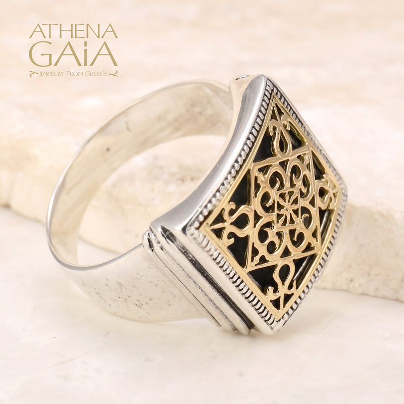 Monastiraki Church Garden Gates Ring - 18k Gold & Sterling Silver Ring - Club Ring