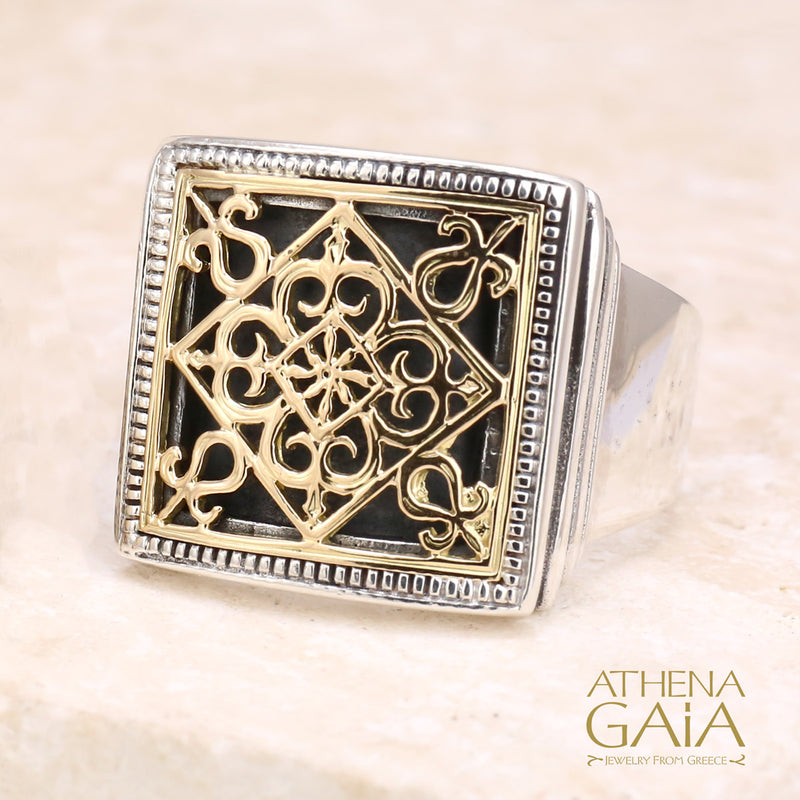 Monastiraki Church Garden Gates Ring - 18k Gold & Sterling Silver Ring - Club Ring