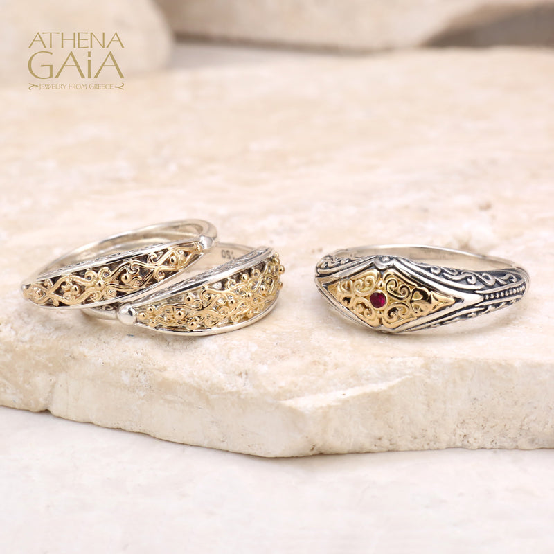 Aretousa Thin Gold Vine Ring - 18k Gold & Sterling Silver Ring - Stackable Ring