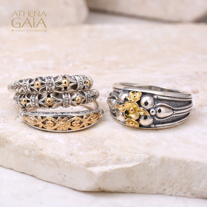 Aretousa Gold Vine Band Ring - 18k Gold & Sterling Silver Ring - Stackable Ring