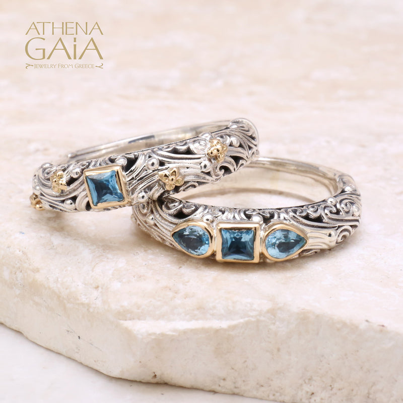 Kynthia Square Stone Band Ring - 18k Gold & Sterling Silver Ring - Stackable Ring