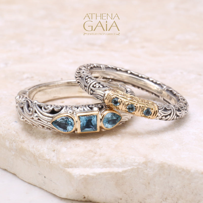 Kynthia Petal and Square Stone Band Ring - 18k Gold & Sterling Silver Ring - Stackable Ring