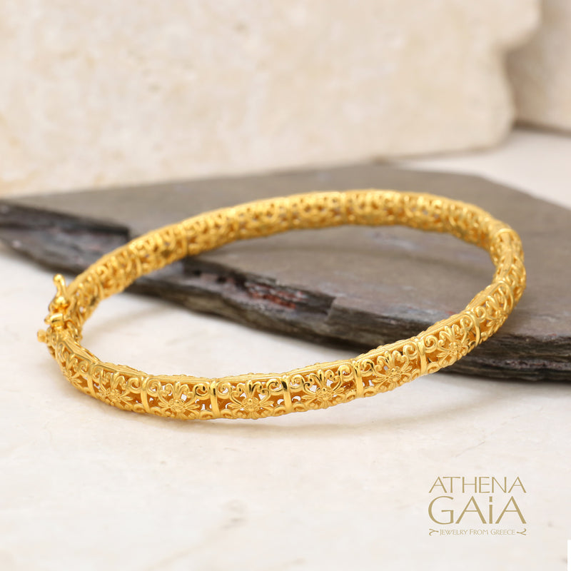 Byzantine Embroidery Bracelet - 18k Gold Bracelet - Hinged Bangle Bracelet