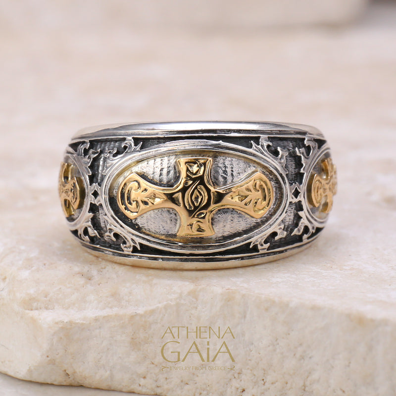 Maltese Cross Band Ring - 18k gold & Sterling Silver Ring - Signet Ring