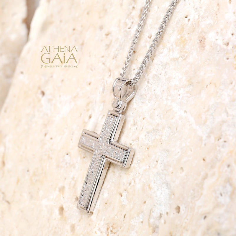 Rock Face Cross - 14k White Gold - Baptismal Cross (In-Stock)