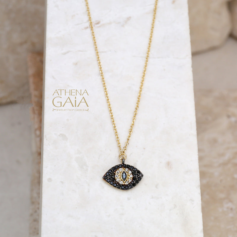 Full Pave Mati Cat Eye Necklace - 14k Gold - Evil Eye Necklace