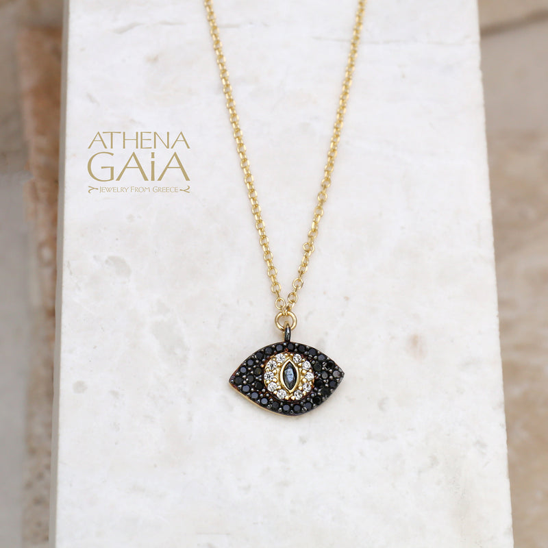 Full Pave Mati Cat Eye Necklace - 14k Gold - Evil Eye Necklace