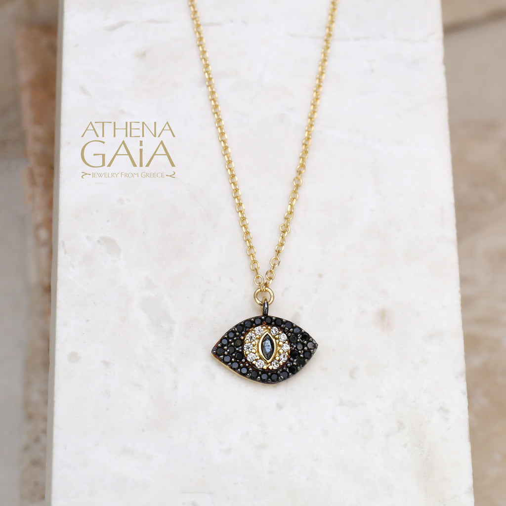 14k Gold Full Pave Mati Evil Cat Eye Necklace (In-Stock)