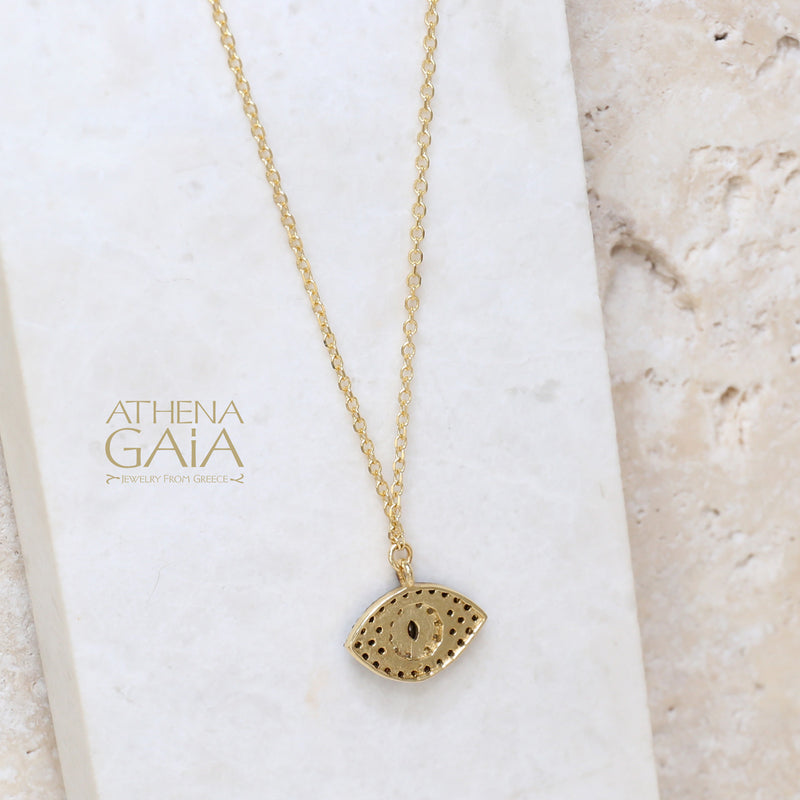 Full Pave Mati Cat Eye Necklace - 14k Gold - Evil Eye Necklace