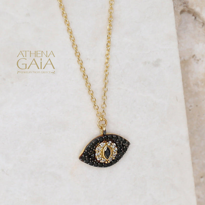 Full Pave Mati Cat Eye Necklace - 14k Gold - Evil Eye Necklace