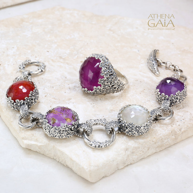 Pop Rocks Wild Flower Anthemis Bezel Station Bracelet - Sterling Silver Bracelet - Link Bracelet