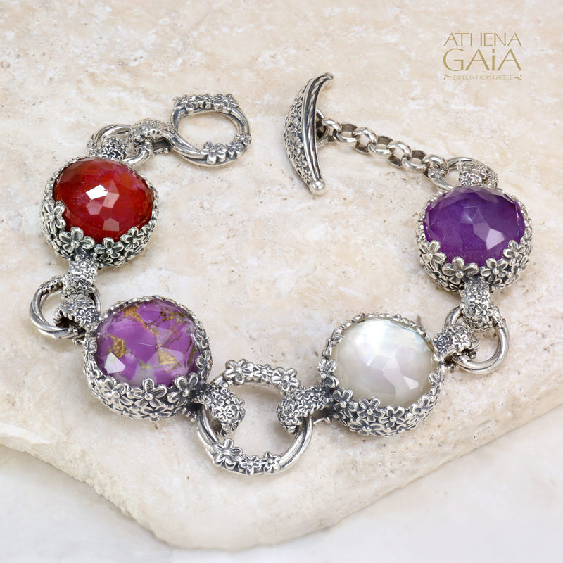 Pop Rocks Wild Flower Anthemis Bezel Station Bracelet - Sterling Silver Bracelet - Link Bracelet