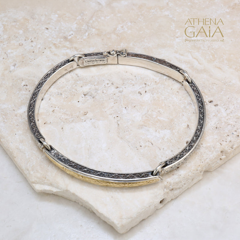 Etched Face Bangle Bracelet  - 18k Gold & Sterling Silver - Flex Bangle Bracelet