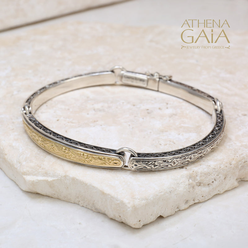 Etched Face Bangle Bracelet  - 18k Gold & Sterling Silver - Flex Bangle Bracelet