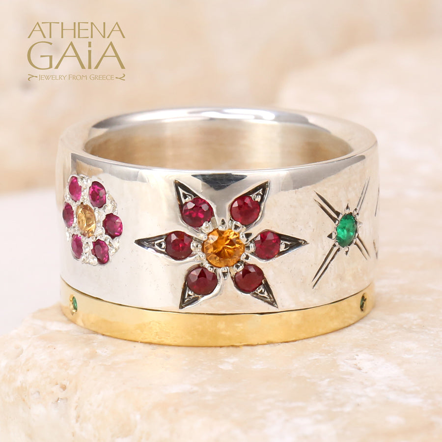 Cosmic Flowers Ring - 18k Gold & Sterling Silver Ring - Cigar Band Ring