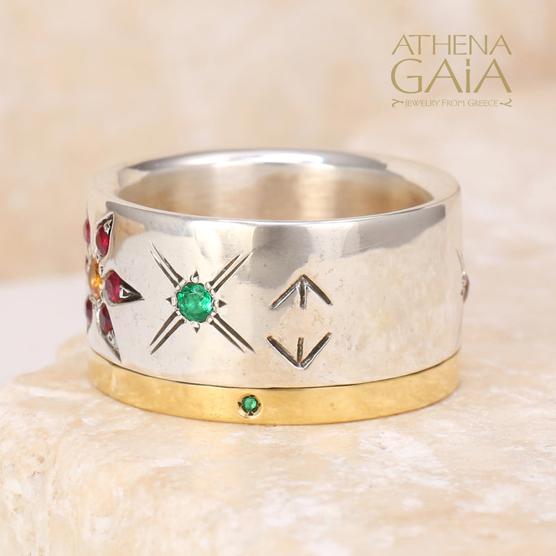 Cosmic Flowers Ring - 18k Gold & Sterling Silver Ring - Cigar Band Ring