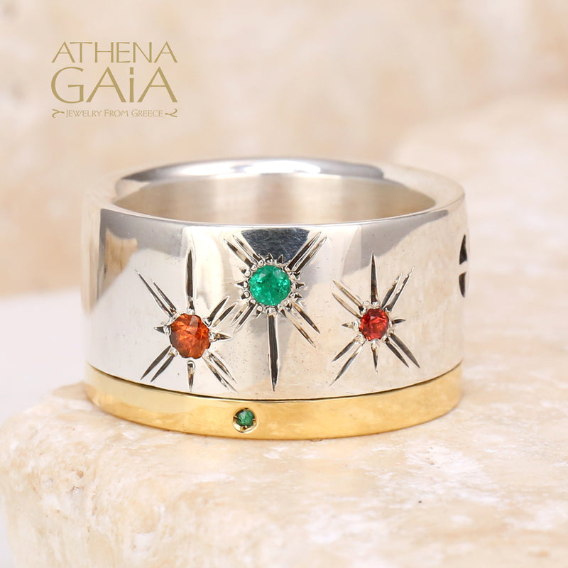 Cosmic Flowers Ring - 18k Gold & Sterling Silver Ring - Cigar Band Ring