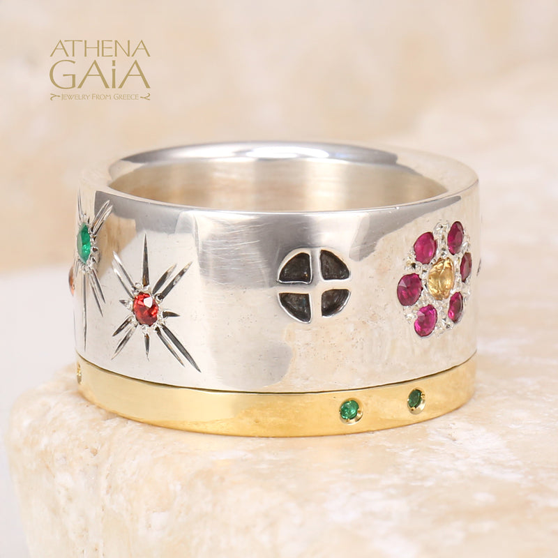 Cosmic Flowers Ring - 18k Gold & Sterling Silver Ring - Cigar Band Ring