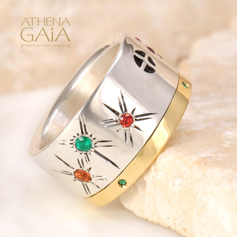 Cosmic Flowers Ring - 18k Gold & Sterling Silver Ring - Cigar Band Ring