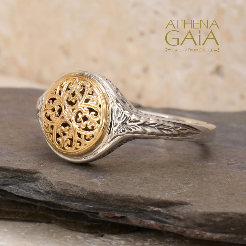 Mediterranean Round Pinky Ring - 18k Gold & Sterling Silver Ring - Signet Ring