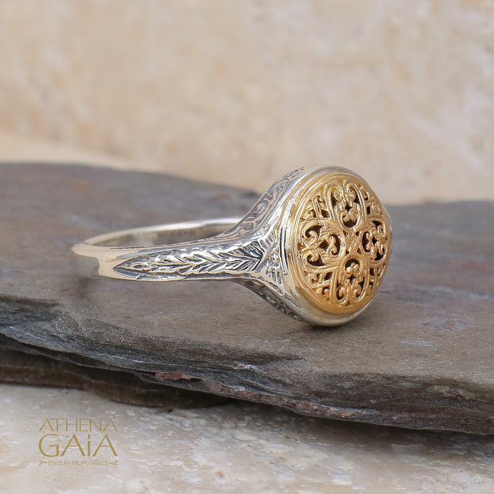 Mediterranean Round Pinky Ring - 18k Gold & Sterling Silver Ring - Signet Ring