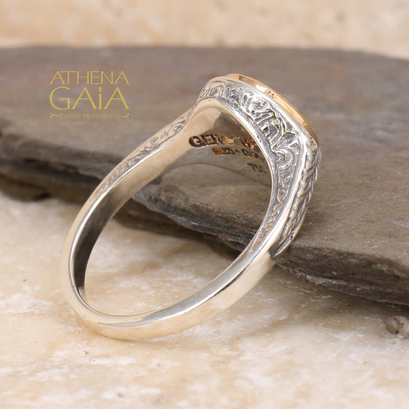 Mediterranean Round Pinky Ring - 18k Gold & Sterling Silver Ring - Signet Ring
