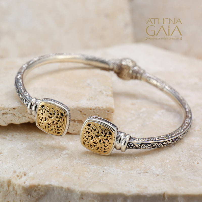 Mediterranean Square Face Bracelet - 18k Gold and Sterling Silver - Hinged Bangle Bracelet