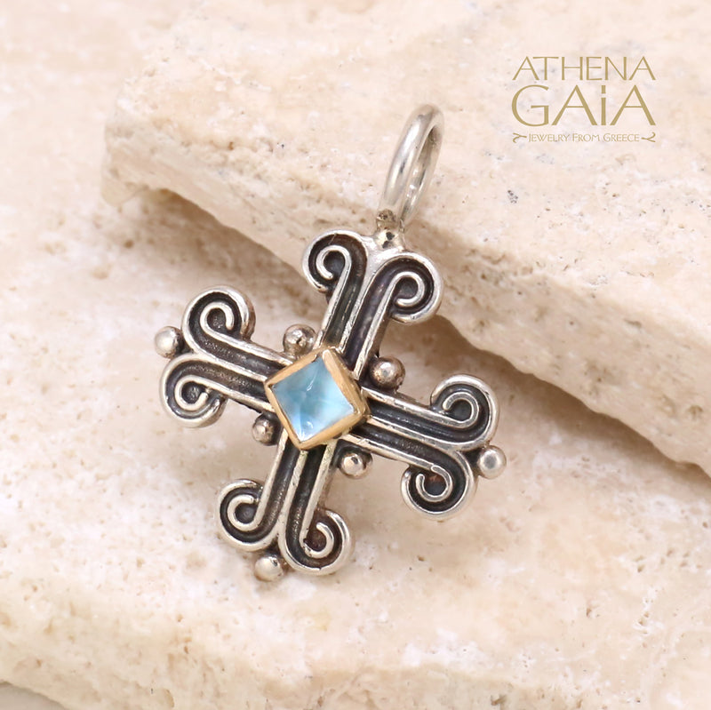 Monastiraki Tetragon Bezel Cross - 18k Gold & Sterling Silver - Byzantine Cross
