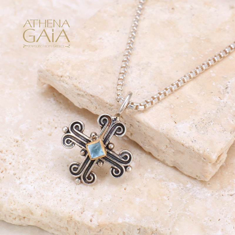 Monastiraki Tetragon Bezel Cross - 18k Gold & Sterling Silver - Byzantine Cross