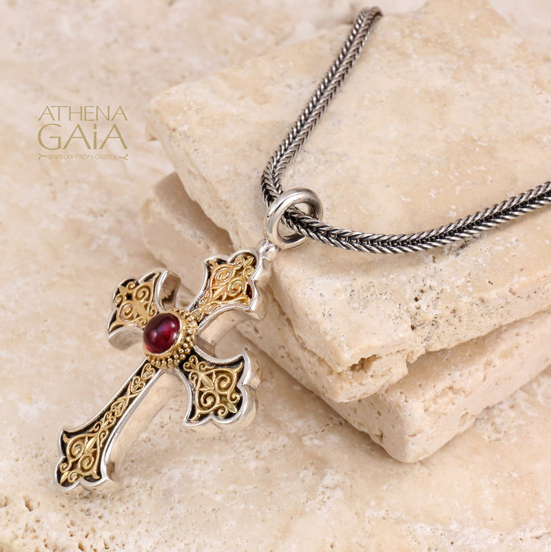Aretousa Gold Faced Round Bezel Orthodox Cross (Large) - 18k Gold & Sterling Silver