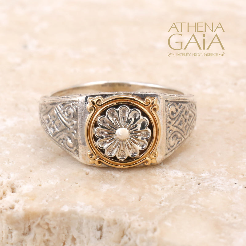 Alexander Rosette Ring - 18k Gold & Sterling Silver - Signet Ring