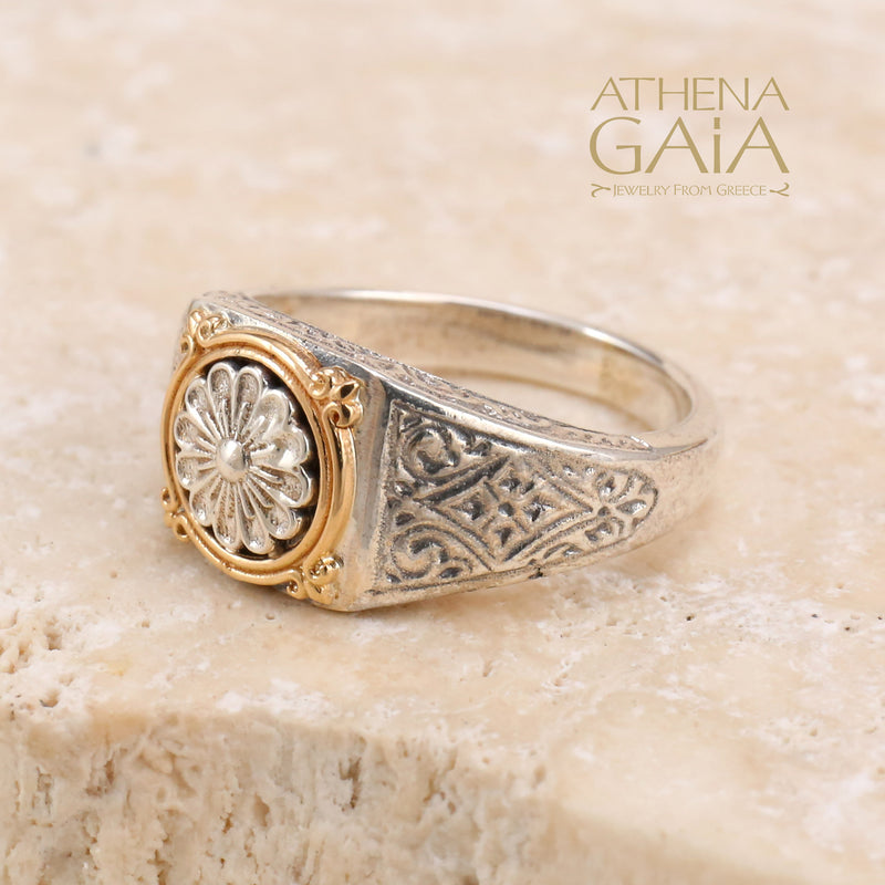 Alexander Rosette Ring - 18k Gold & Sterling Silver - Signet Ring