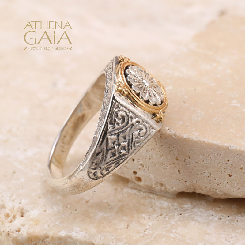 Alexander Rosette Ring - 18k Gold & Sterling Silver - Signet Ring