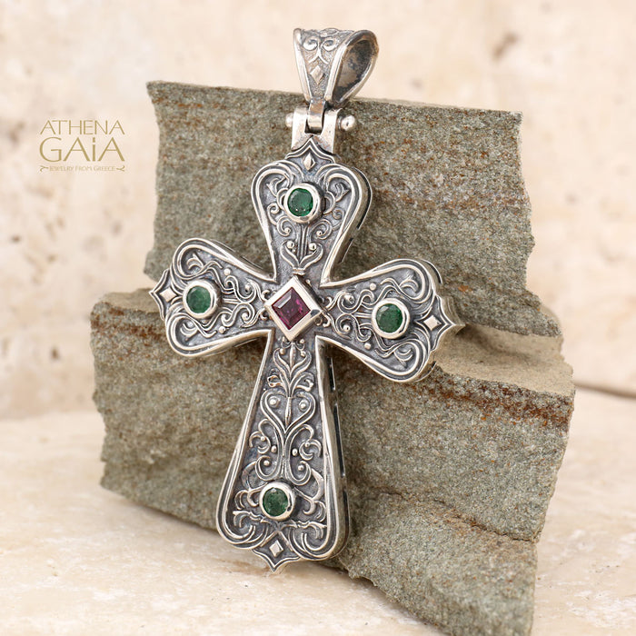 5 Stone Byzantine Cross - Sterling Silver - Orthodox Cross Necklace
