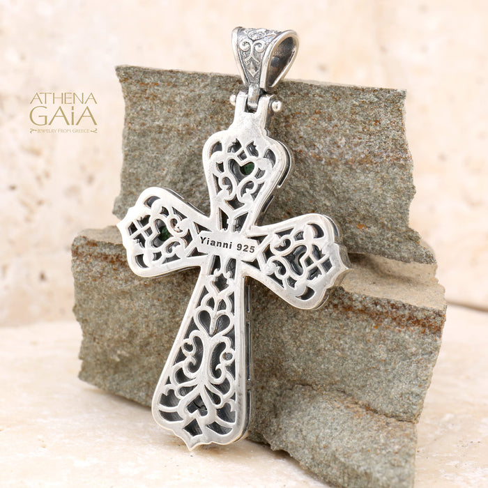 5 Stone Byzantine Cross - Sterling Silver - Orthodox Cross Necklace