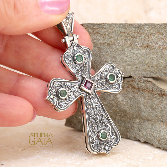 5 Stone Byzantine Cross - Sterling Silver - Orthodox Cross Necklace
