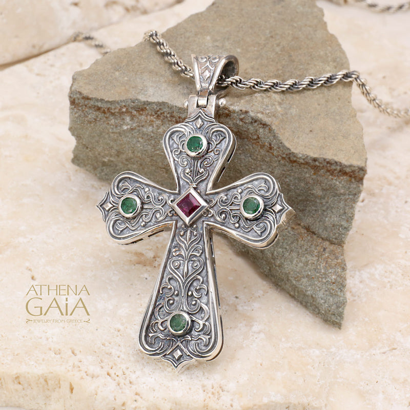 5 Stone Byzantine Cross - Sterling Silver - Orthodox Cross Necklace