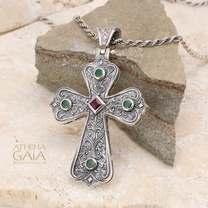 5 Stone Byzantine Cross - Sterling Silver - Orthodox Cross Necklace