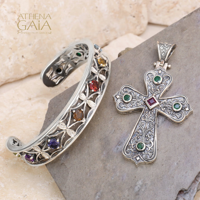 5 Stone Byzantine Cross - Sterling Silver - Orthodox Cross Necklace