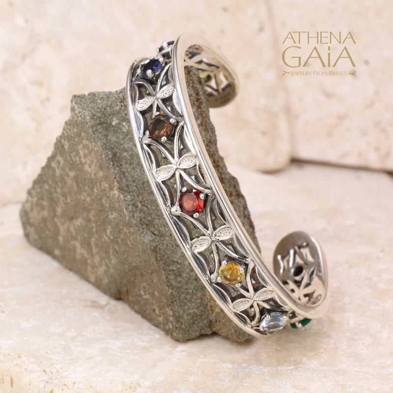 Stone and Leaf Bracelet - Sterling Silver - Cuff Bracelet