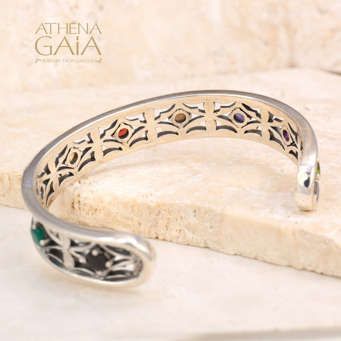 Stone and Leaf Bracelet - Sterling Silver - Cuff Bracelet